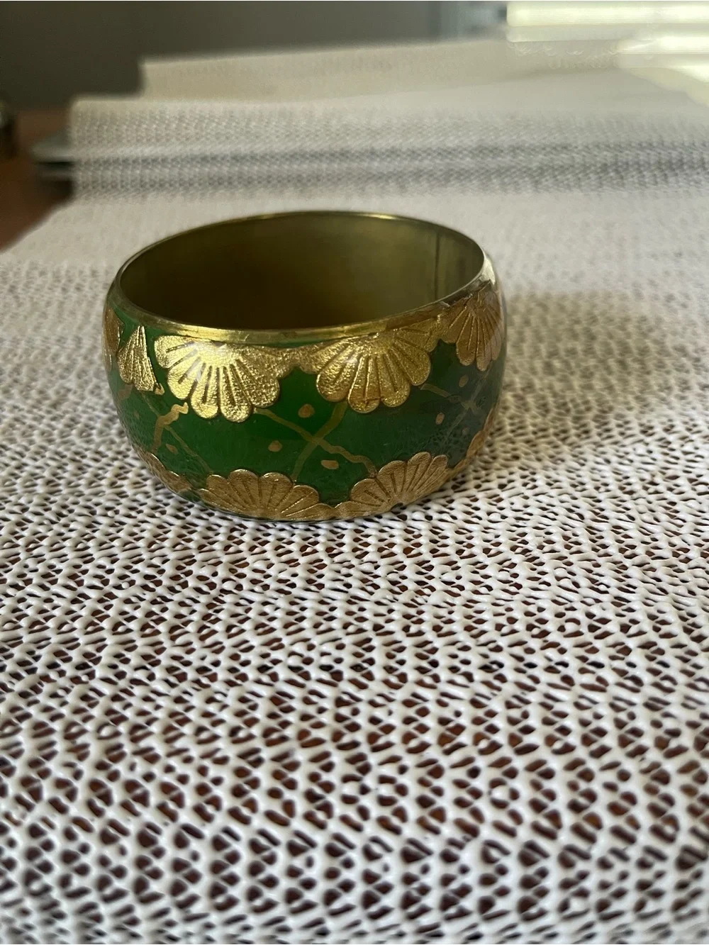 Vintage brass & enamel green/gold bangle bracelet 7”, good condition